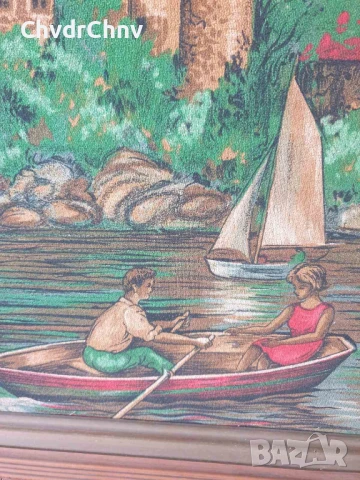 дървена рамка дърворезба 85х62см/голям стар машинно тъкан гоблен/замък-езеро-лодки, снимка 6 - Гоблени - 51345027