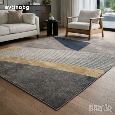 Луксозен Килим за Хол 120х160см – Сиво със Златна лента и 3D ефект, Противоплъзгащ и Миещ се, снимка 6 - Други - 53882619