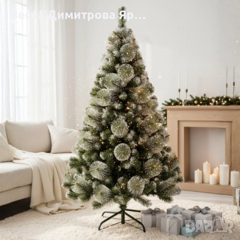 Елха - Изкуствена коледна елха с бели връхчета и шишарки 60 и 90см са с пластмасова стойка