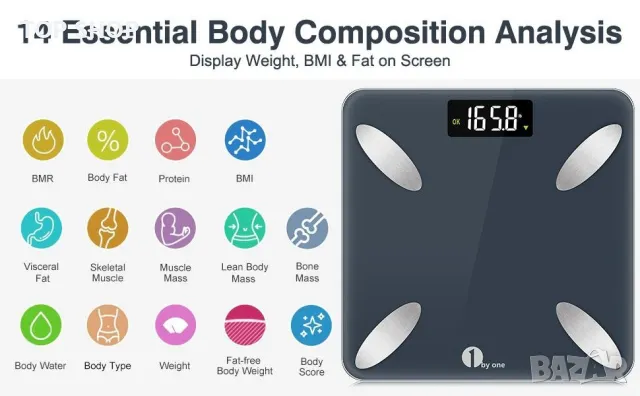 Смарт кантар- везна анализатор от 1 BY ONE Bluetooth Body Smart Scale, снимка 5 - Маши за коса - 48485692