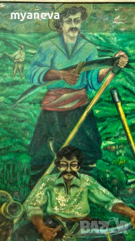 Стара картина от СОЦА ,''Косачи " на Ангел Рангелов с маслени бои върху платно. , снимка 3 - Картини - 51397103