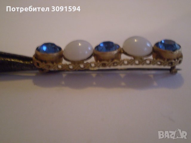 Стара Дамска Брошка МЕСИНГ стъкло е син кристал, снимка 8 - Антикварни и старинни предмети - 35094144