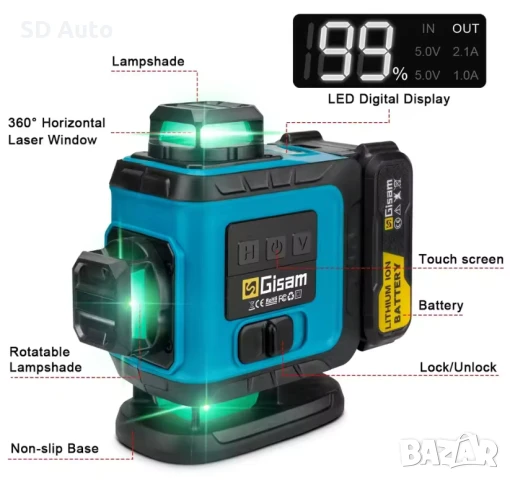 GISAM 360° 4D Самонивелиращ се професионален лазерен нивелир със статив, снимка 5 - Измервателни инструменти - 50497678
