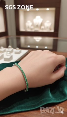 КЛАСИЧЕСКА ТЕНИС ГРИВНА ОТ СРЕБРО 925 СЪС ЗЕЛЕН ТОПАЗ, снимка 10 - Гривни - 52711324