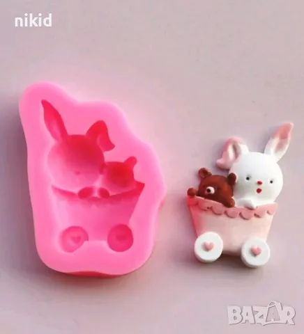 Зайче и мече в кош количка бебешки силиконов молд форма фондан шоколад 