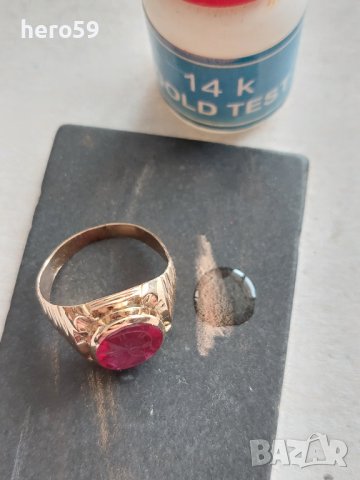 Златен пръстен 14к с гема(камея)изработена на натурален рубин., снимка 13 - Пръстени - 44478917