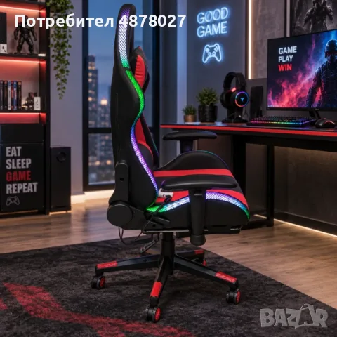 Геймърски стол с RGB LED осветление и дистанционно – Ергономичен дизайн, регулируеми подлакътници и , снимка 3 - Столове - 56082588