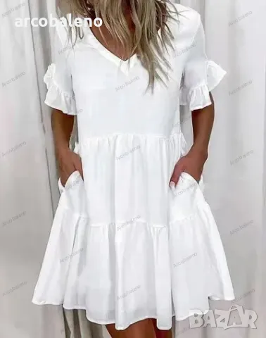 Свободна модна с V-образно деколте къса рокля с джоб и волан, 10цвята , снимка 2 - Рокли - 50133940