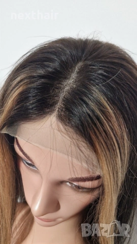 Естествена черна перука с руси кичури - 55 см, дантелена зона 4х4, снимка 3 - Аксесоари за коса - 53148642