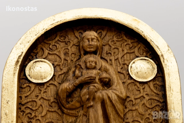 Релефна икона на Богородица с младенеца от масивен дъб, снимка 5 - Икони - 53223312