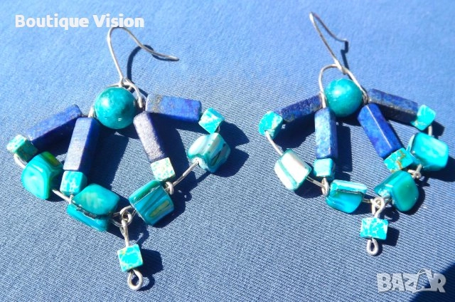 Ново! 2 вида сребърни обеци, проба 950 с естествени камъни - Апатит, Лапис Лазули и Яспис, снимка 2 - Обеци - 32961899