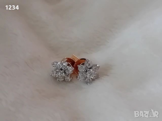 Старинни златни обеци 18 к. цветя с диаманти