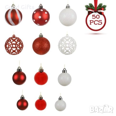 50 броя Комплект Бели и червени коледни топки в 3 размера, снимка 2 - Други стоки за дома - 42671117