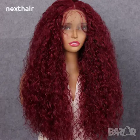 Къдрава лейс фронт тъмно червена бордо синтетична перука с дантела 13*4