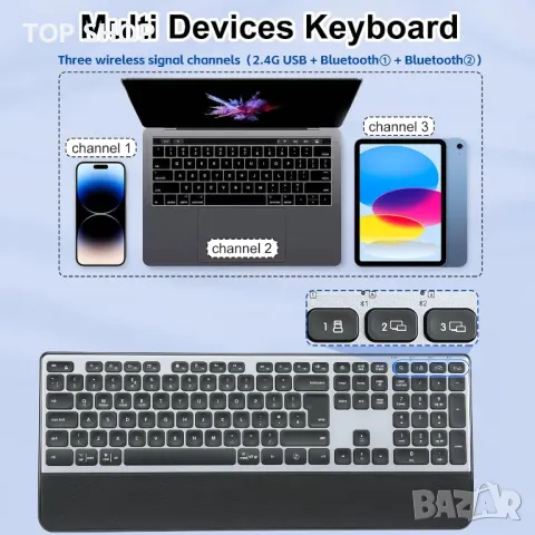 CITLLA K9100 Безжична Bluetooth клавиатура, Пълноразмерна с опора за китката, 3-степенна подсветка, снимка 2 - Клавиатури и мишки - 49965440