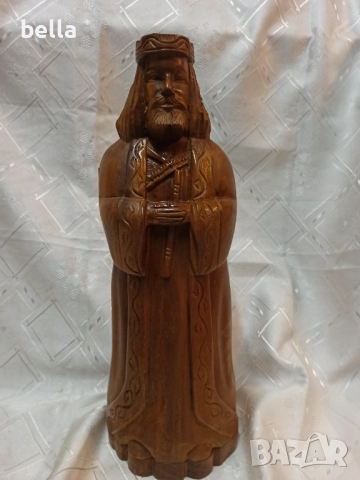 Висока масивна  дърворезба на фигура - светец или цар,държач тайник за бутилка!, снимка 2 - Антикварни и старинни предмети - 52582369