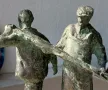 Работници, статуетка, фигура, пластика, патина, надпис и  спортист с бухалка, снимка 1