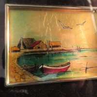 Стара златна картина - морски  залив, две лодки и чайки и с рисувано златно фолио с маркировка за з, снимка 3 - Картини - 40855083