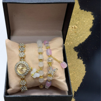 Подаръчен дамски комплект от часовник с камъни цирконии и два броя гривни от естествени камъни , снимка 3 - Гривни - 44545330