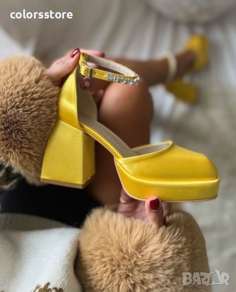 Сандали на ток - жълт сатен - VSN1, снимка 1