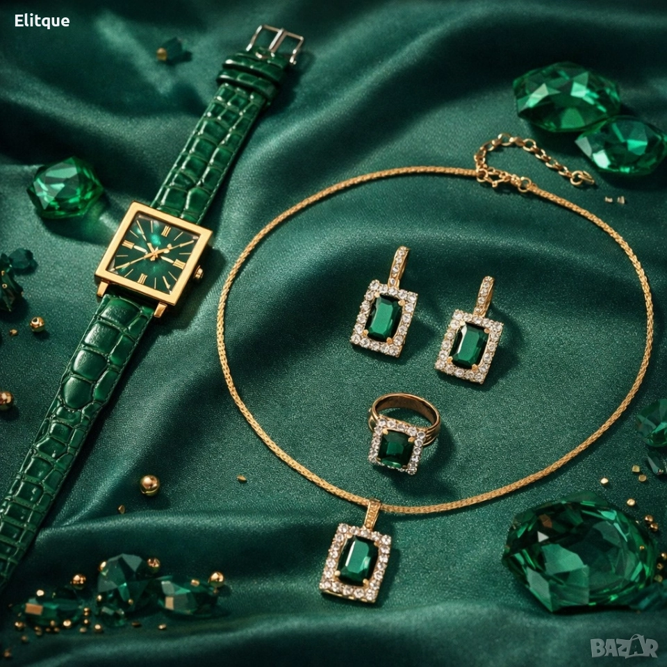 Елегантен комплект часовник и бижута с зелени кристали и златист корпус, снимка 1