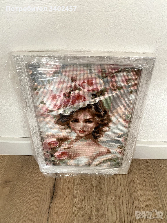 Гоблен с мъниста в рамка, 27 х 37 см, жена с цветя, снимка 1