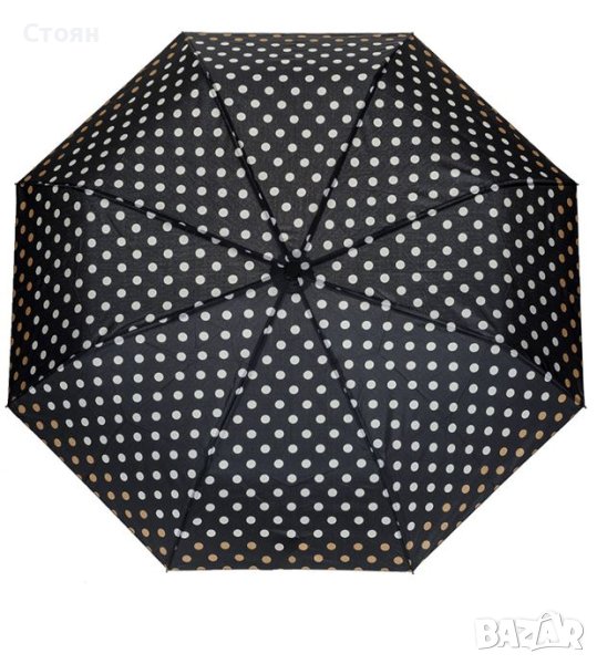 Сгъваем чадър за дъжд, ръчен, черен с бяло-кафяв дизайн на точки, 24 см, снимка 1