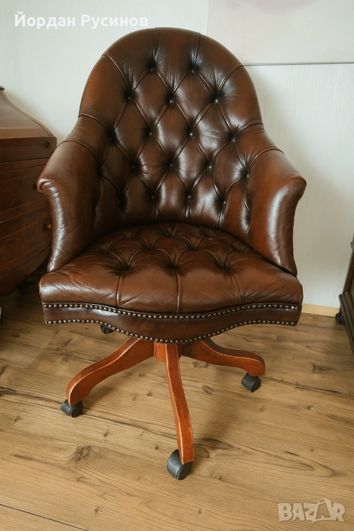 Chesterfield директорски стол – естествена кожа, масивна конструкция, снимка 1