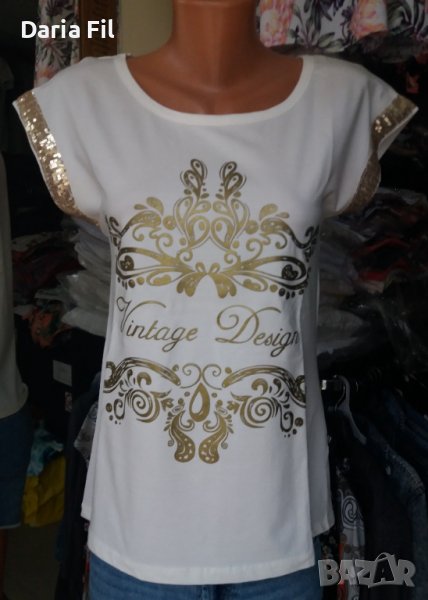 УНИКАЛНО КРАСИВА бяла блуза със златиста щампа и златисти пайети по ръкавите , снимка 1