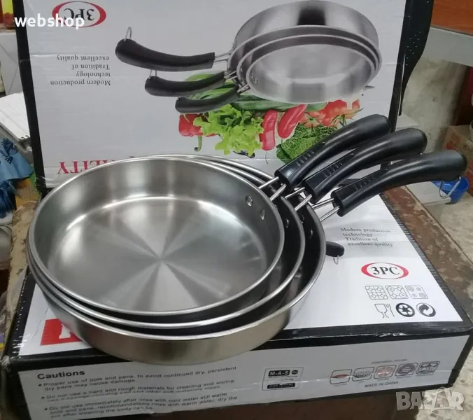 ПРОМО!! Комплект три тигана Shik, Неръждаема стомана, Индукция, Диаметър 22, 24, 26 см, снимка 1