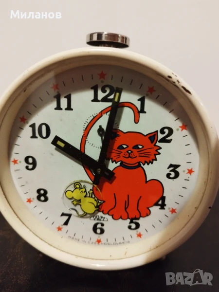 Стар механичен анимиран будилник, настолен часовник, снимка 1