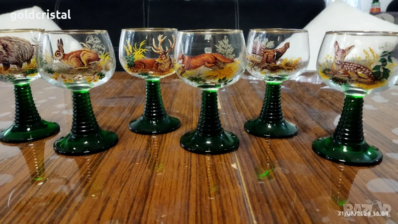 стари френски кристални чаши с ловни мотиви , снимка 1