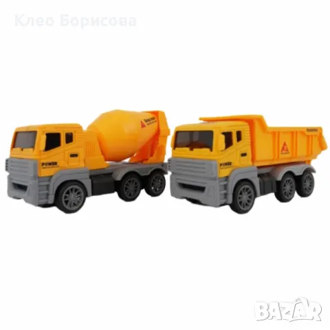 Комплект жълти строителни камиони с въртяща се цистерна и повдигаща се каросерия