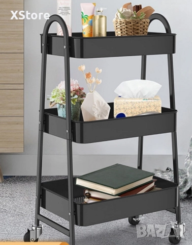 Подвижна метална етажерка на колелца.