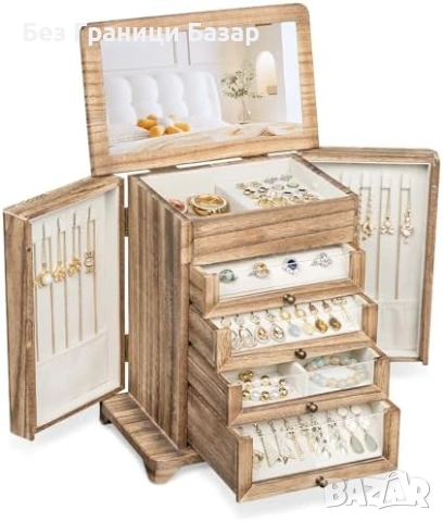 Нова голяма кутия Органайзер за бижута дървен с прозрачни чекмеджета