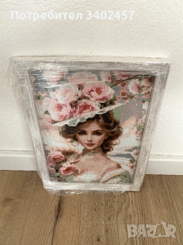 Гоблен с мъниста в рамка, 27 х 37 см, жена с цветя