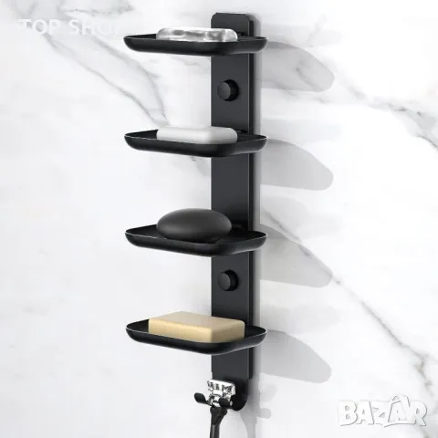 GAGUI UP Поставка за сапун с 4 нива с кукички за баня, неръждаема стомана, вакуумна система, черна, снимка 6 - Етажерки - 49551980