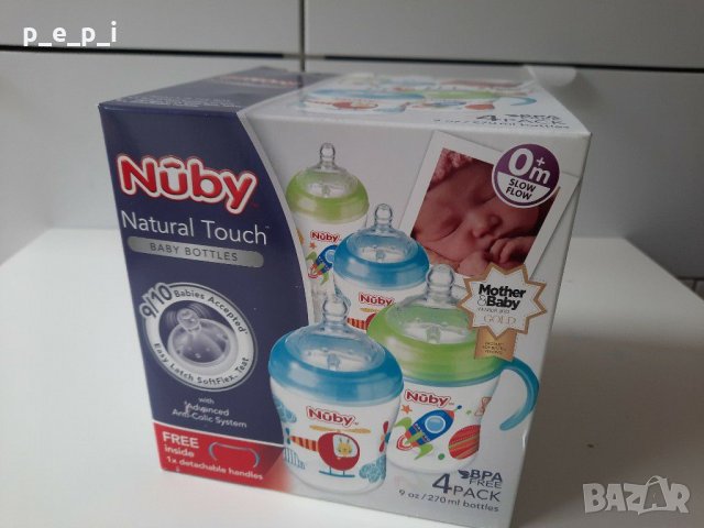 Nuby Natural Touch комплект 4 шишета + дръжка, снимка 1