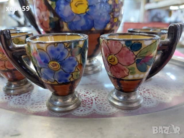 Много рядък авторски керамичен сет със сребърен обков/кана за ракия+ шест чаши,сребро проба 800, снимка 3 - Аксесоари за кухня - 52315971