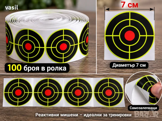 РЕАКТИВНИ МИШЕНИ 7 см – 100 БРОЯ В РОЛКА | САМОЗАЛЕПВАЩИ
