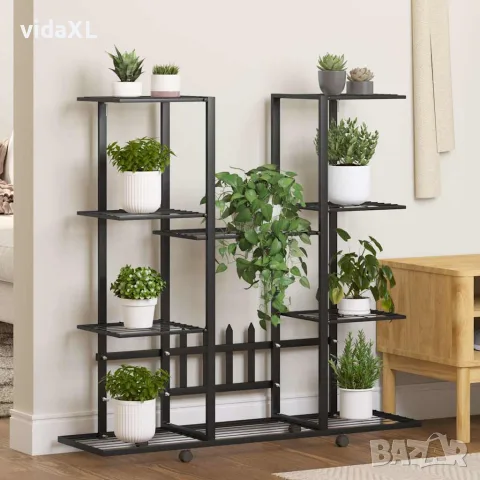 vidaXL Стойка за цветя на колела 94,5x24,5x91,5 см черна желязо, снимка 2 - Саксии и кашпи - 56147166