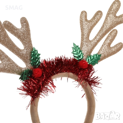 Коледна диадема еленски рога с плодчета и шампанско брокат 14 см_1255082, снимка 2 - Шноли, диадеми, ленти - 52722136