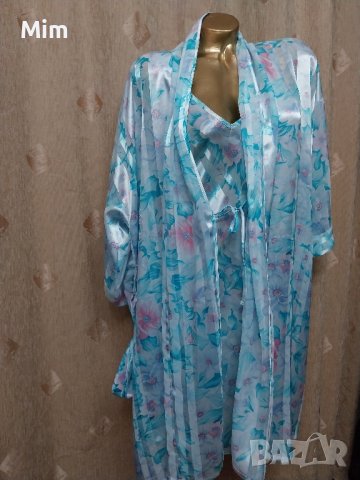 XL К-т Сатенен халат и нощница в синьо , снимка 2 - Нощници - 42393997