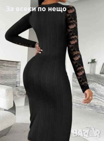 Дамска Права Рокля С Дантела От Черно Еластично Рипсено Трико Код S392