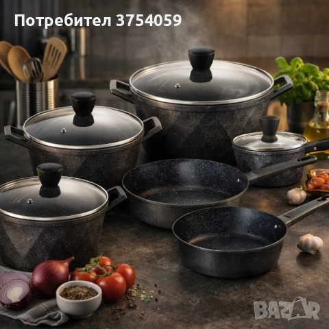 Премиум комплект съдове за готвене 12 части с мраморно покритие Cheffinger– Тенджери, тигани и касер, снимка 5 - Съдове за готвене - 53124115