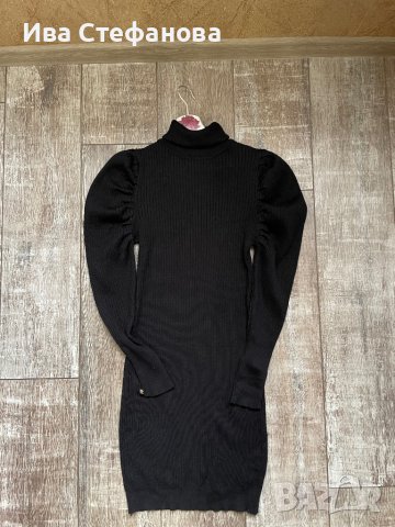 Черна нова елегантна ежедневна еластична рокля рипс рипсена поло яка буфан ръкав , снимка 4 - Рокли - 42757426