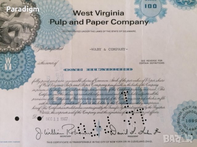 Сертификат за 100 акции (САЩ) | West Virginia Pulp and Paper Company | 1967г., снимка 3 - Други ценни предмети - 29320352