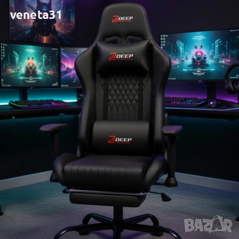 Ергономичен черен геймърски стол с поставка за крака, регулируема височина и 3D подлакътници, снимка 4 - Столове - 54044508