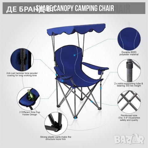 Сгъваем къмпинг стол със сенник и с чанта за съхранение E01CC-502 NAVY BLUE, снимка 2 - Къмпинг мебели - 35095430