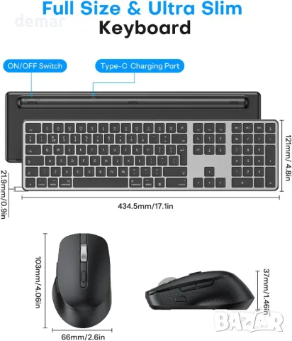 OMOTON Безжична Bluetooth зареждаща се USB клавиатура и мишка за Mac OS, с 3 Bluetooth канала, снимка 5 - Клавиатури и мишки - 48491606